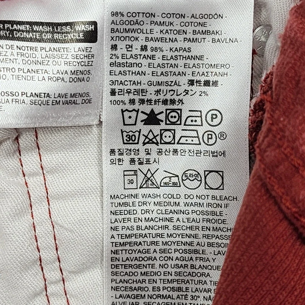 Levi's 502 Jeans Mens 30x28.5 Red Corduroy Regular Fit Tapered Stretch Casual